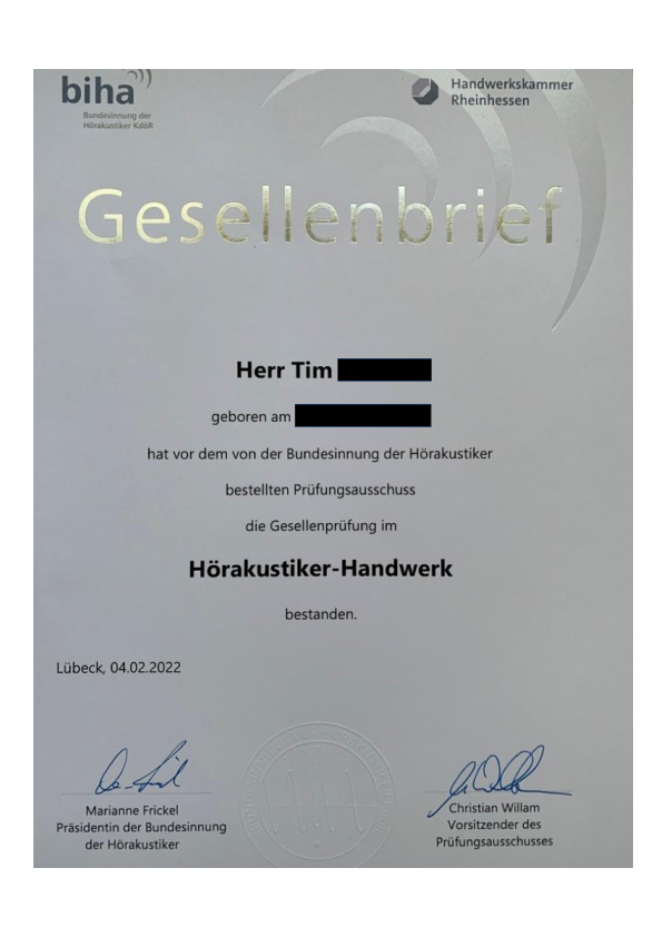 Vorbereitung und Beendigung der Ausbildung zum Hörakustiker - Tim