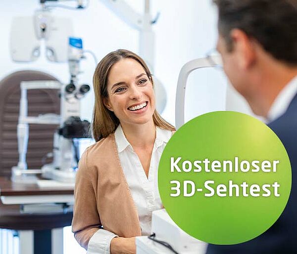 Brünette Frau mit Brille und Text kostenloser 3D-Sehtest